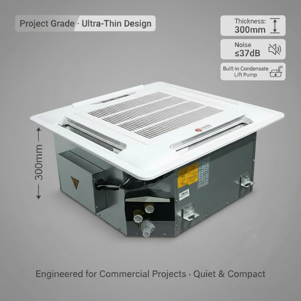 4-Way Ceiling Cassette Fan Coil Unit With Built-in 700mm Head Drain Pump Chilled Water Hydronic Fcu For Hotel HVAC Project