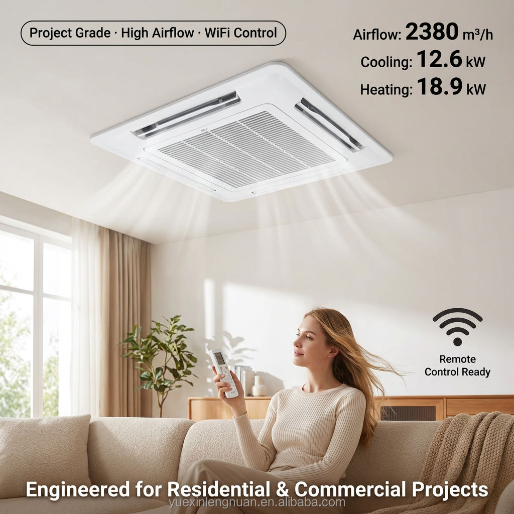 4-Way Ceiling Cassette Fan Coil Unit With Built-in 700mm Head Drain Pump Chilled Water Hydronic Fcu For Hotel HVAC Project