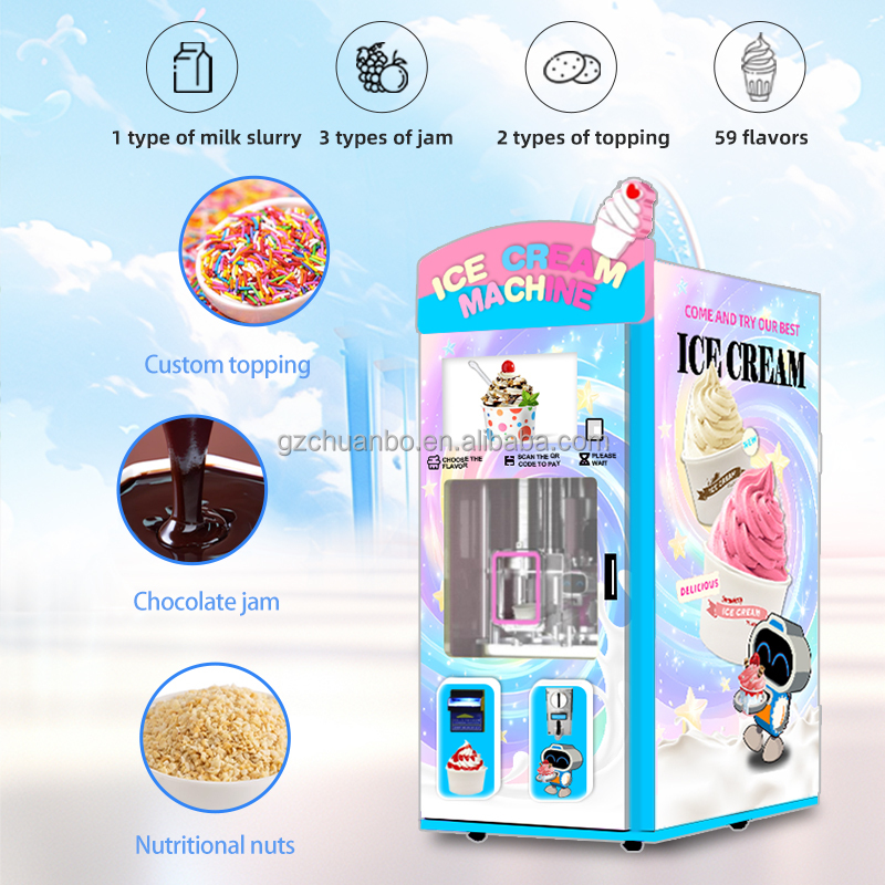 High Profit Making Money Custom Factory Price Fully Automatic Diy Ice Cream Vending Machine Robot with 3 Fruit Jam 2 Toppings