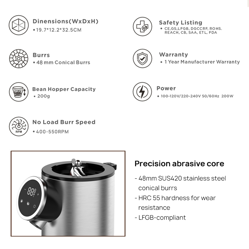 Cg-003 Professional Touch Screen 48mm Stainless Steel Conical Burr Automatic Electric Coffee Bean Grinder