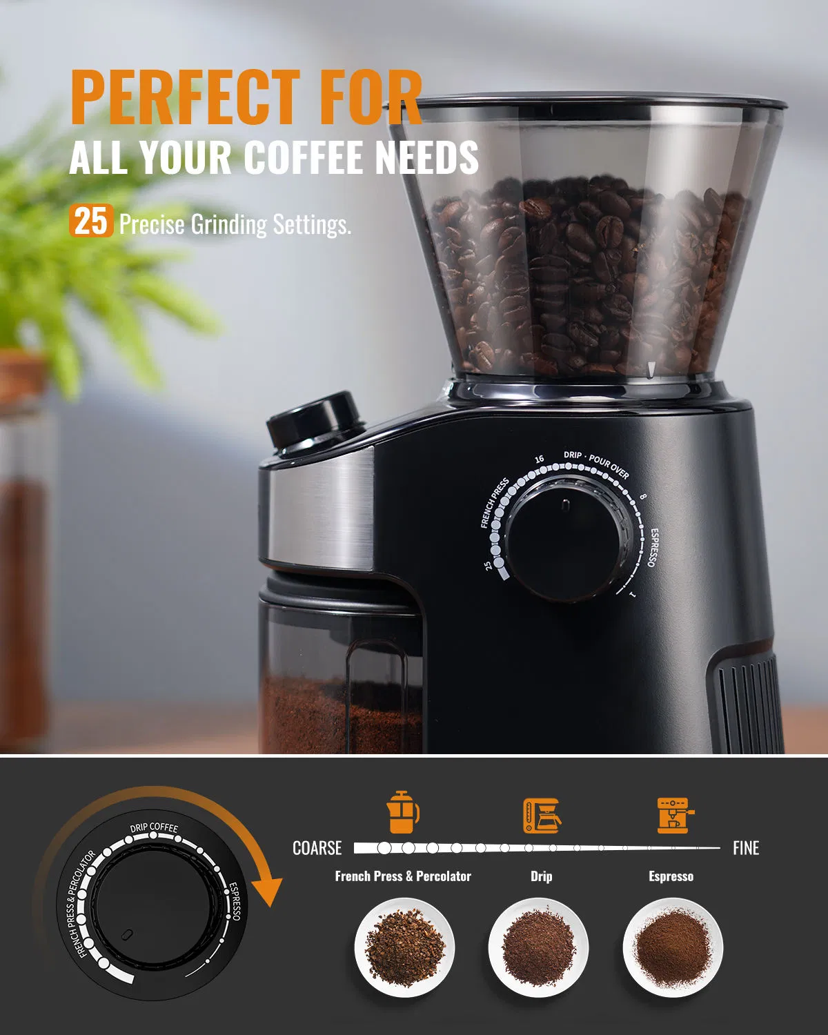 Anti-Static Conical Burr Coffee Grinder Adjustable Burr Mil Grind Setting 2-12 Cup New Fashion Grindermachine