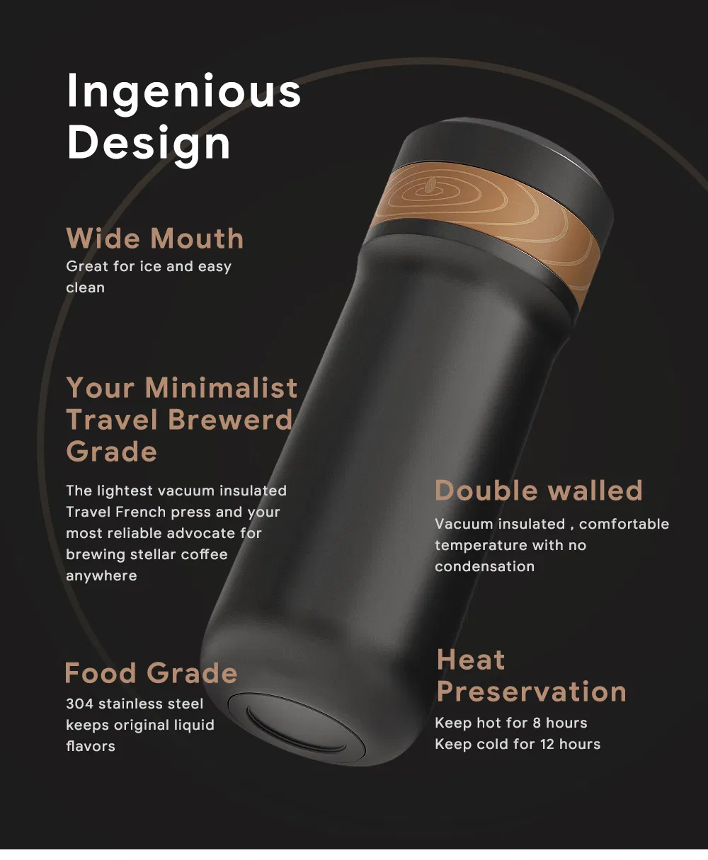 2 in 1 Portable Travel French Press Coffee Maker 12oz Stainless Steel Kettl Thermos Water Bottle Smart Coffee Kettle