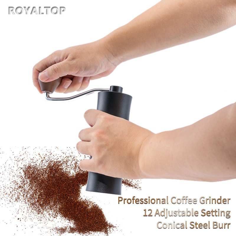 Professional Black All Aluminum Manual Coffee Bean Grinder with 420 Stainless Steel Conical Burrs