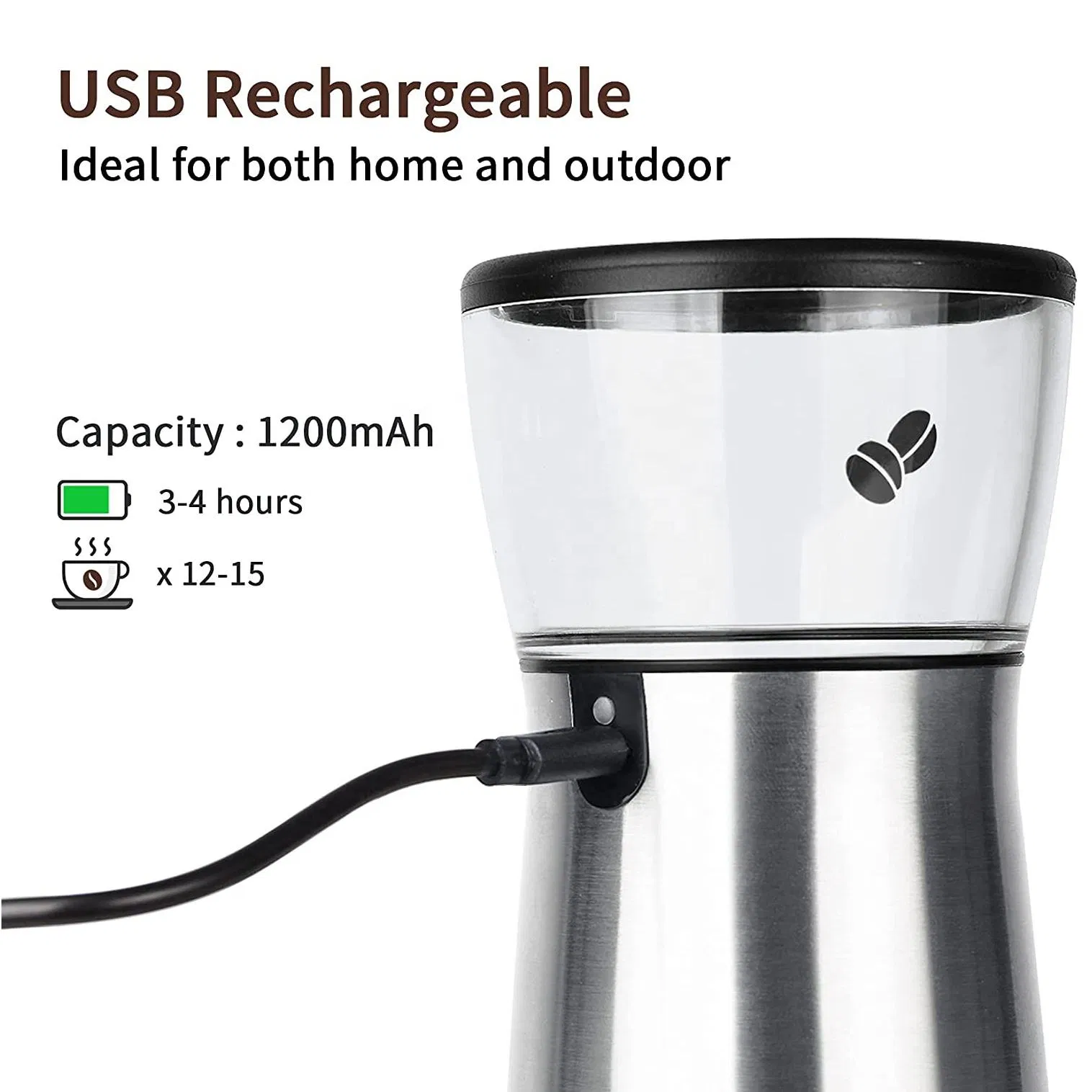 USB Rechargeable Coffee Bean Machine Stainless Steel Portable Electric Coffee Grinder