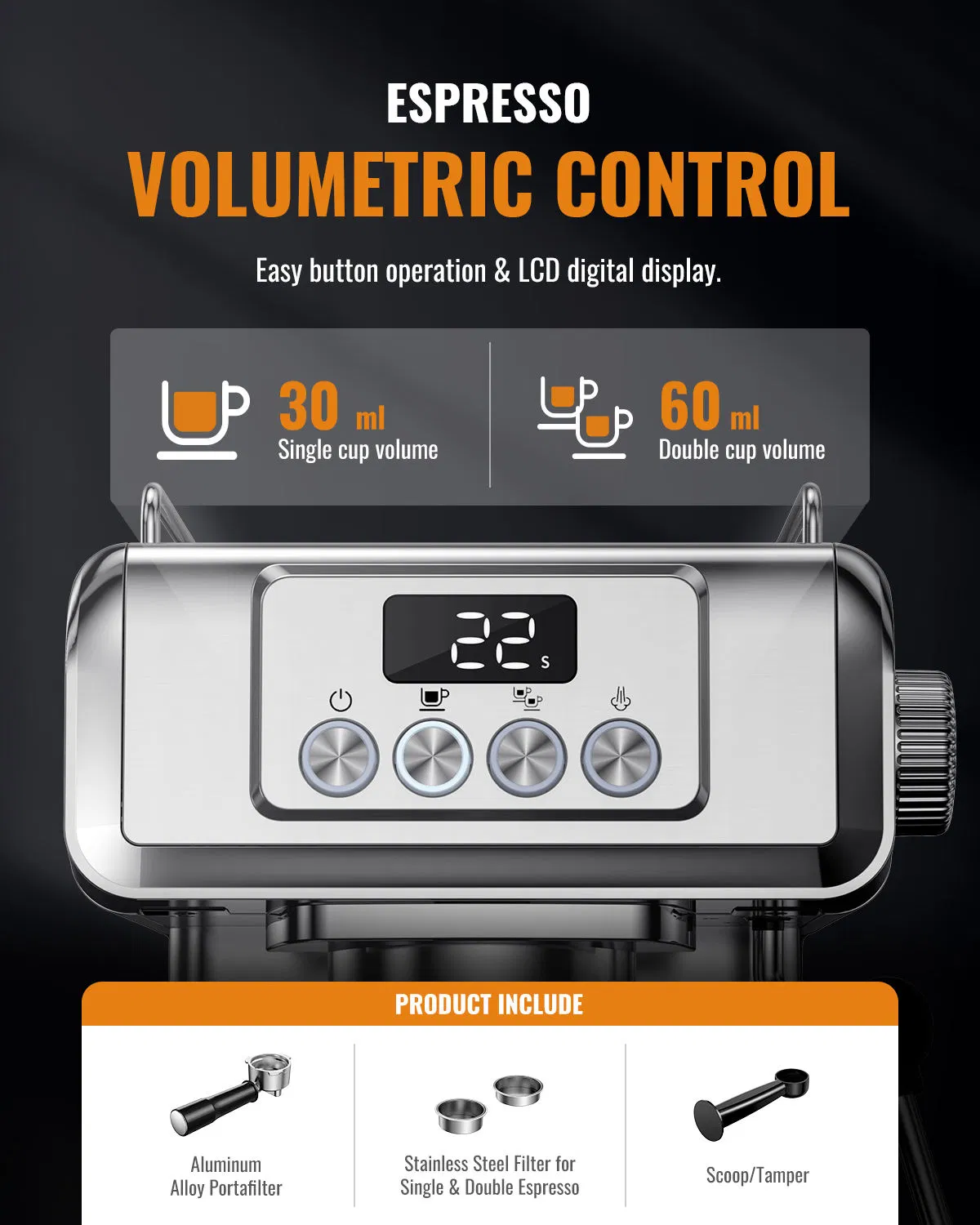 1350W 20 Bar Stainless Steel Espresso Maker 60 Oz Water Tank Portable Coffee Machine