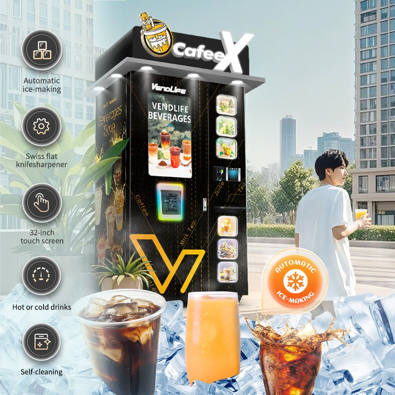 Smart Automatic Ice Maker Hot and Cold Drinking Juice Milk Tea Coffee Vending Machine with Touch Screen Liquid Milkshake Cafe Vending Machine with Card Reader