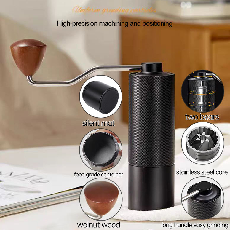 Manual Coffee Grinder Capacity 25g with CNC Stainless Steel Tapered Burr - Internal Adjustable Setting, Double Bearing, Gift