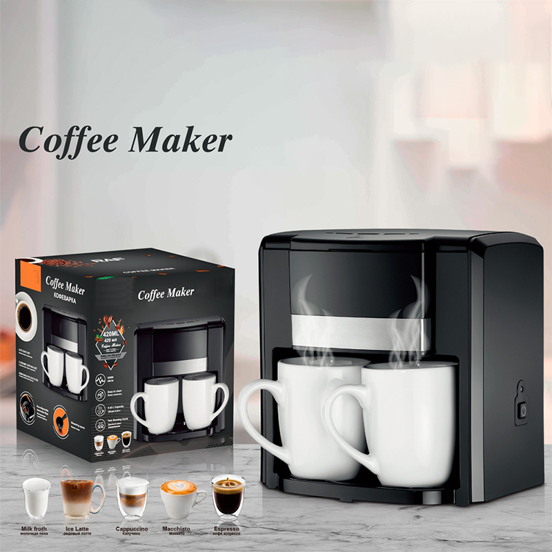 Compact Semi-Automatic Drip Coffee Maker with Double Ceramic Cups for Home Use