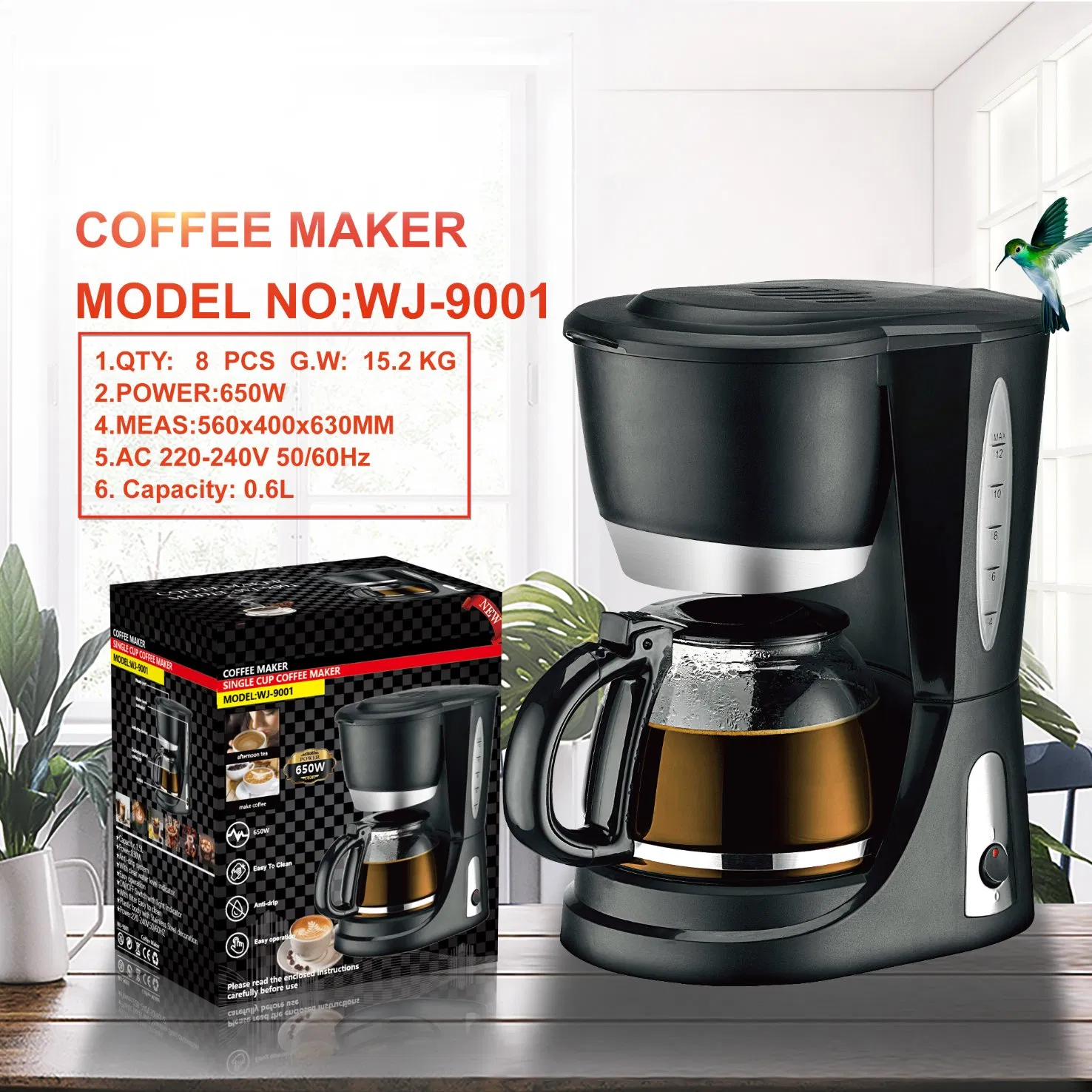 Automatic Drip Coffee Maker with Plastic Housing for Household and Hotel Use