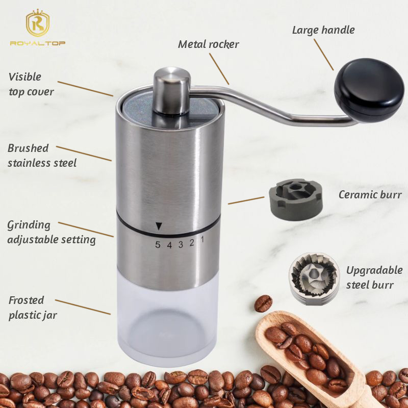 Home Office Travel Portable Crank Handle Vintage Hand Coffee Grinder with Manual Coarseness Settings Ceramic Conical Burr