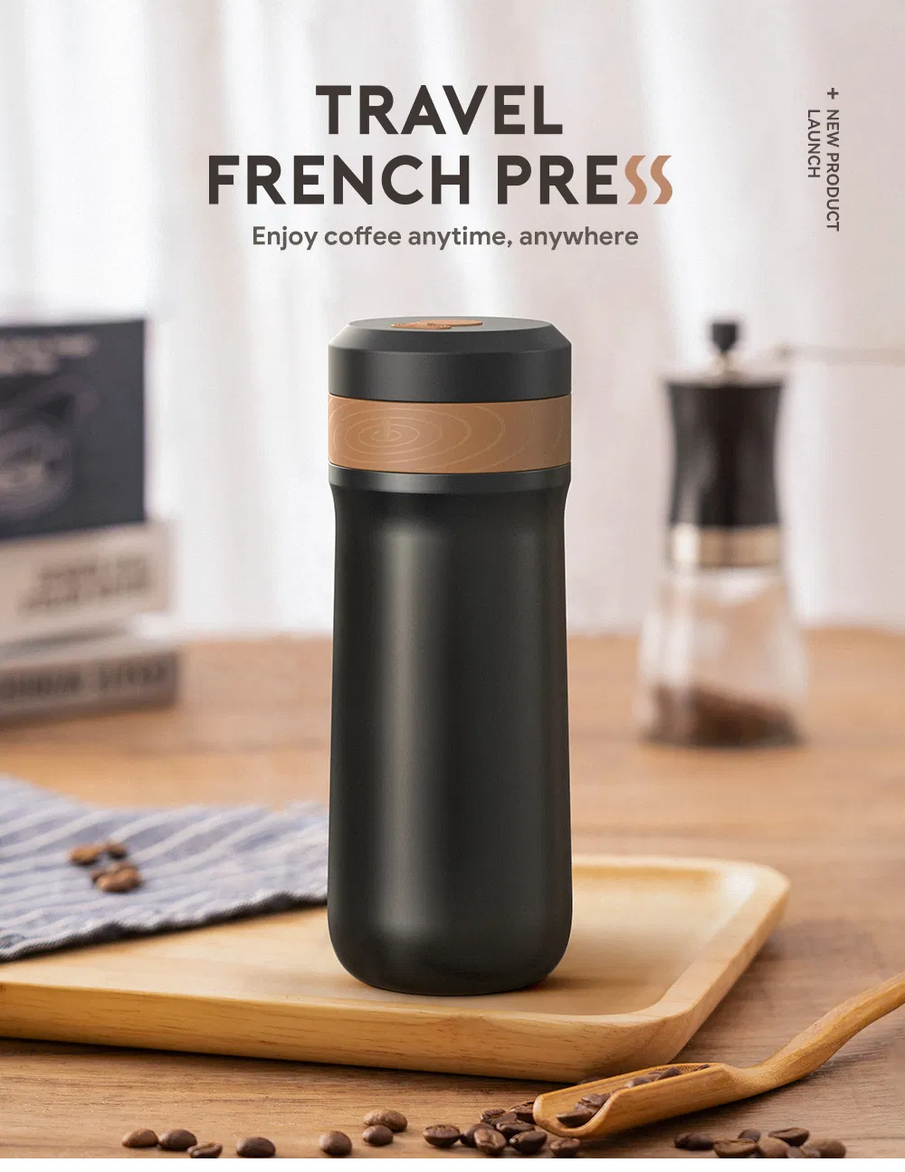 2 in 1 Portable Travel French Press Coffee Maker 12oz Stainless Steel Kettl Thermos Water Bottle Smart Coffee Kettle