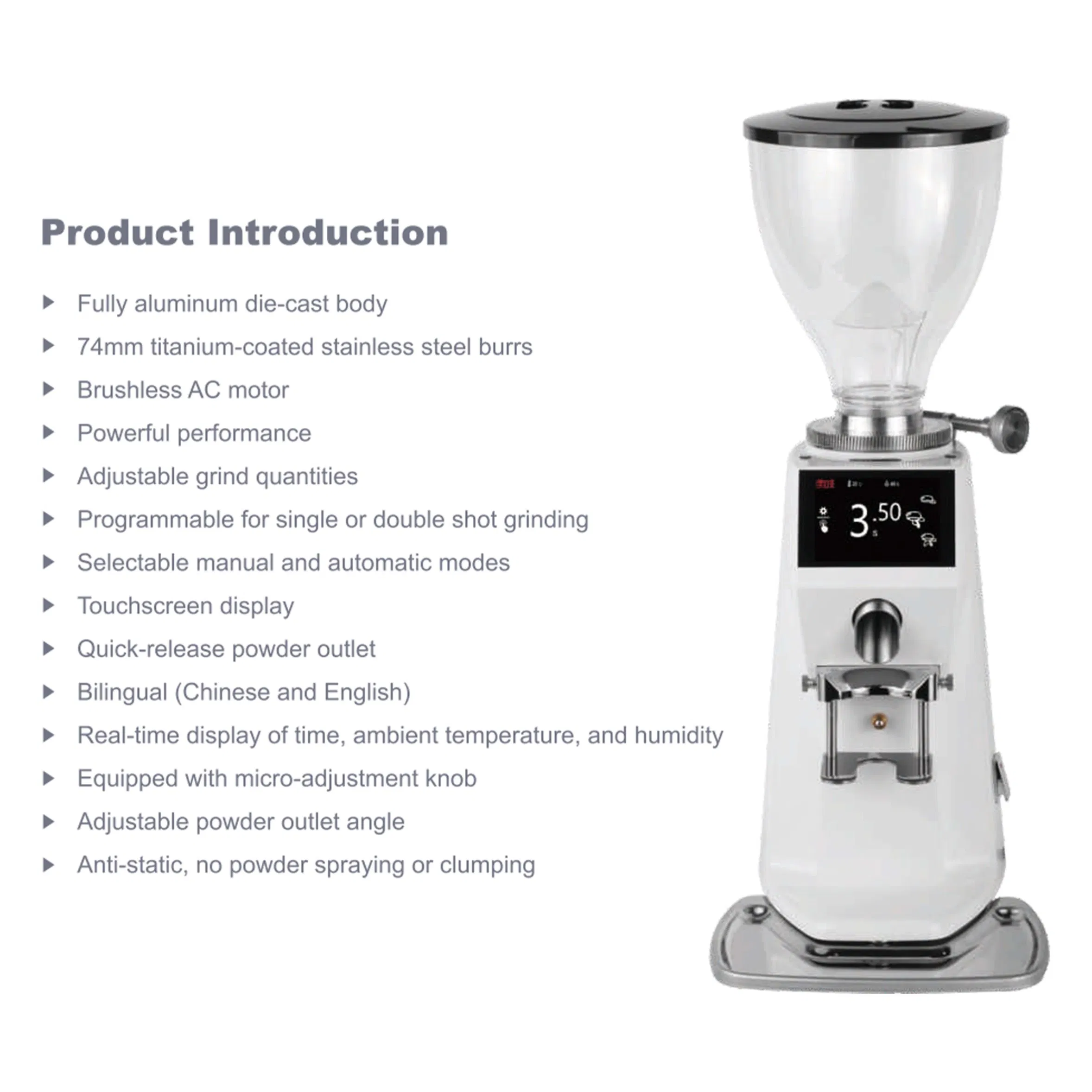 Professional Touchscreen Controlled Conical Burr Mill Durable Aluminum Alloy Build Coffee Grinder