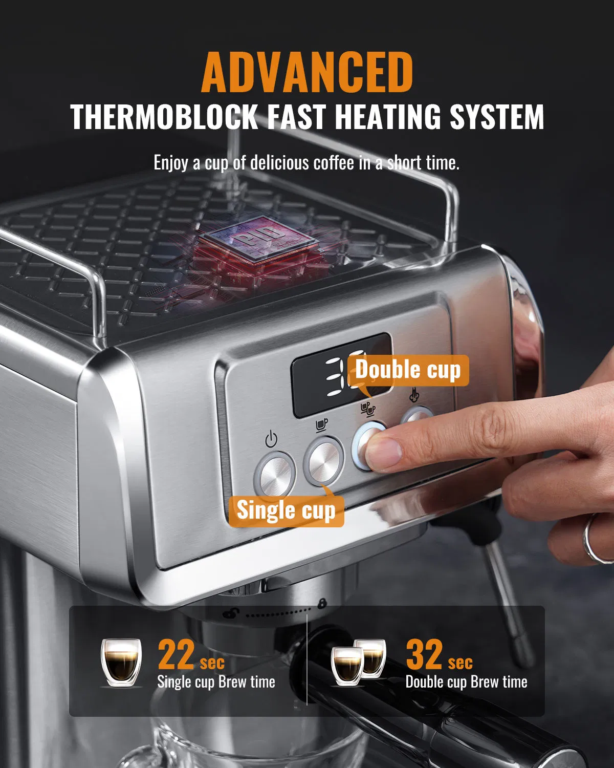 1350W 20 Bar Stainless Steel Espresso Maker 60 Oz Water Tank Portable Coffee Machine