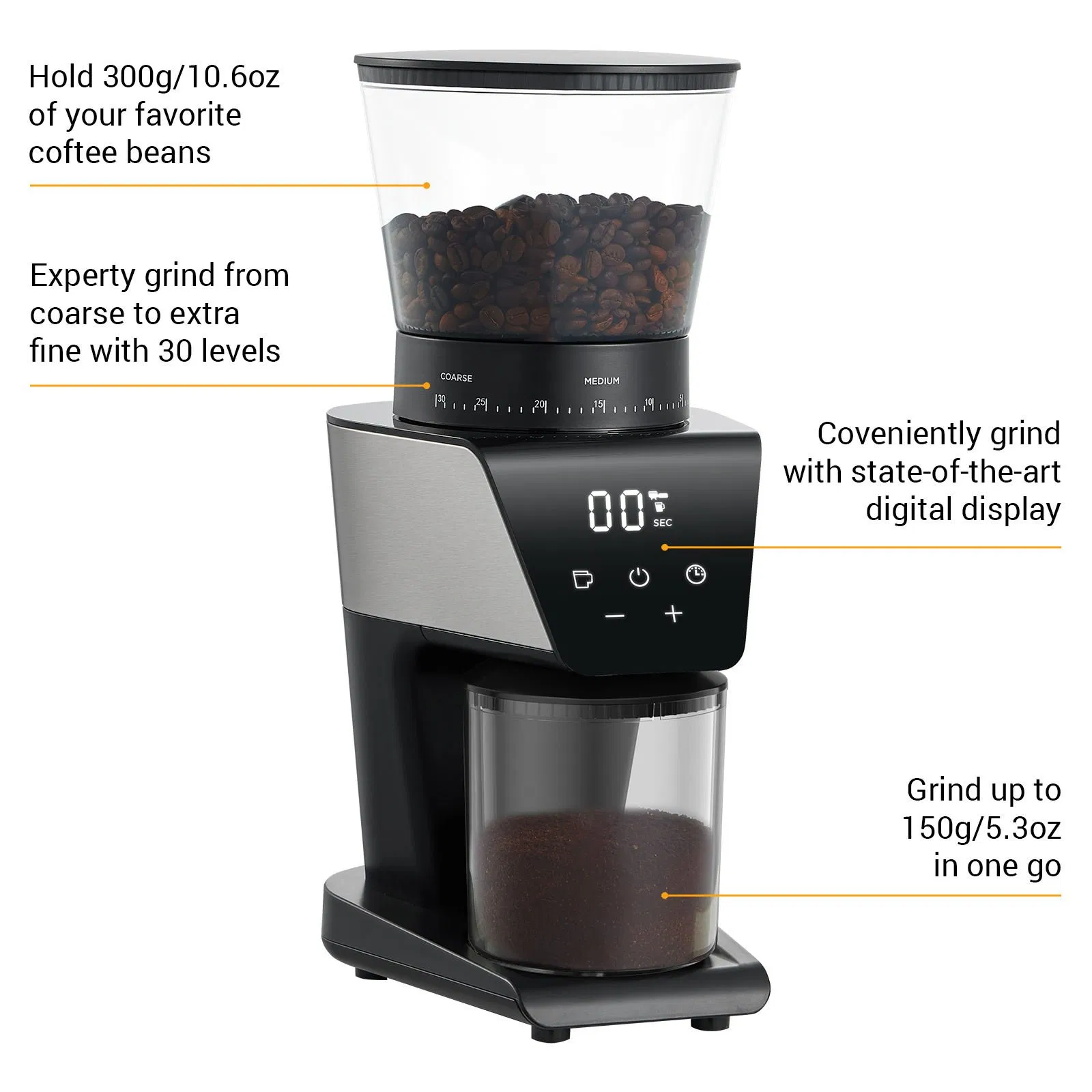 Touch - Screen Coffee Grinder - 160W, 30 Adjustable Grinding Levels, Conical Burrs, Detachable Containers