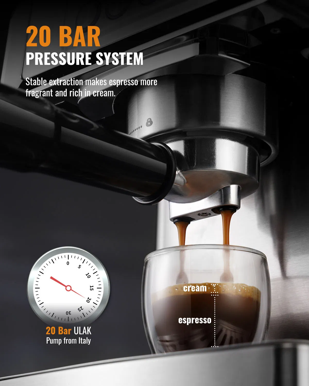 1350W 20 Bar Stainless Steel Espresso Maker 60 Oz Water Tank Portable Coffee Machine