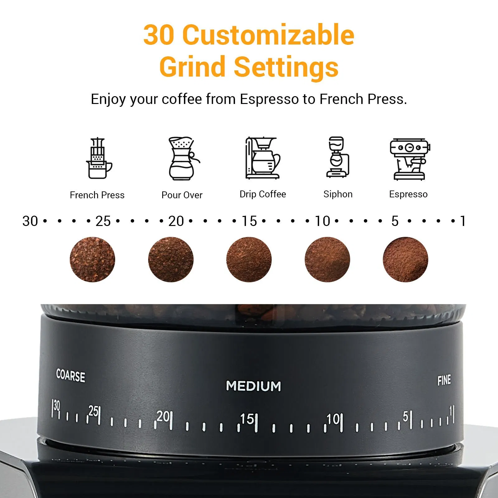 Touch - Screen Coffee Grinder - 160W, 30 Adjustable Grinding Levels, Conical Burrs, Detachable Containers