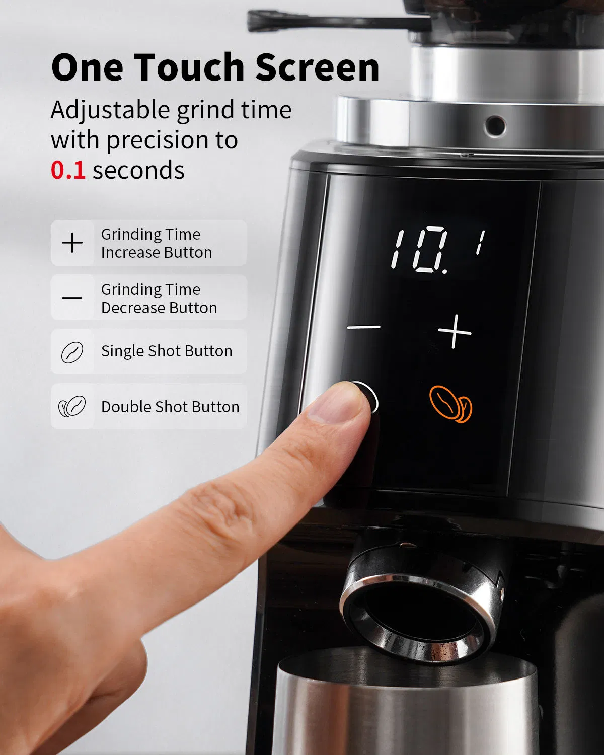 Professional 64mm Burr Coffee Grinder with Adjustable Electronic Timer LED Display Anti Static Coffee Bean Grinder