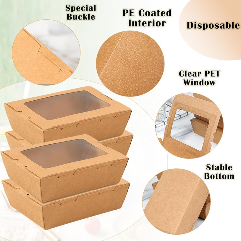 Caja de almuerzo de papel kraft desechable, contenedor de comida para llevar, a prueba de fugas, resistente a la grasa, embalaje ecológico, personalización de logotipo al por mayor