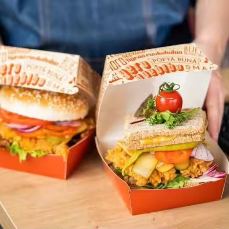 Impresión personalizada al por mayor caja de cartón biodegradable para hamburguesas envase para comida para llevar