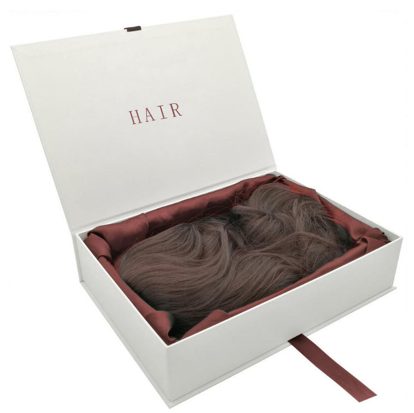 Caja de regalo de cartón para extensiones de cabello humano personalizadas de lujo con cinta y inserto de satén