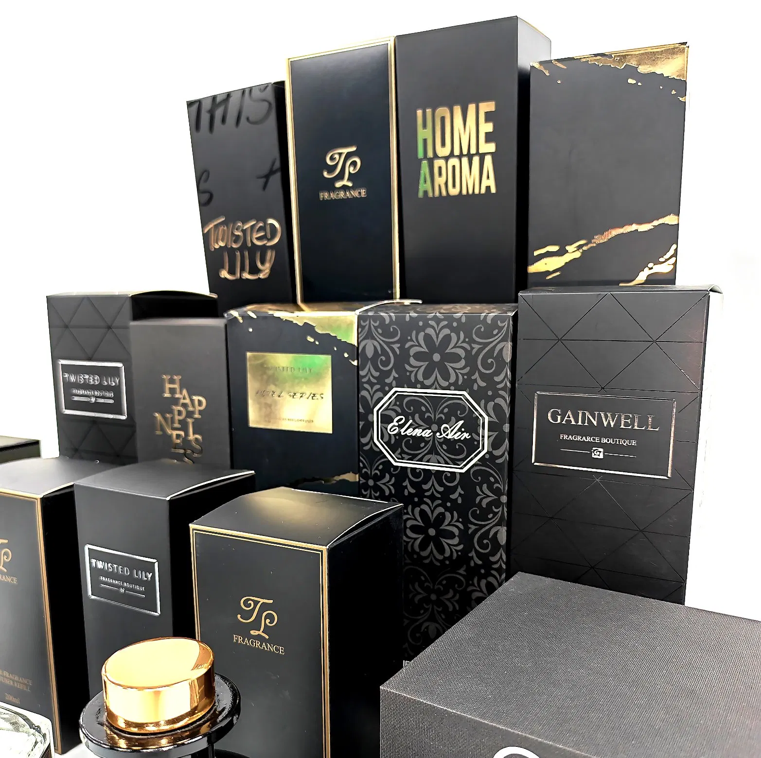 Conjunto de caja de embalaje de fragancia para el hogar de lujo negro, conjunto de perfume, caja de perfume con difusor de caña y botella de perfume