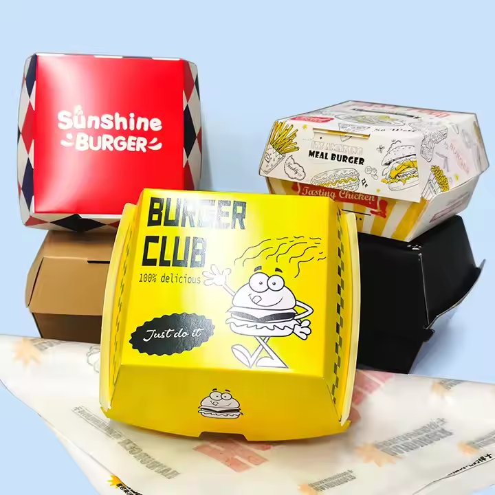 Impresión personalizada al por mayor caja de cartón biodegradable para hamburguesas envase para comida para llevar