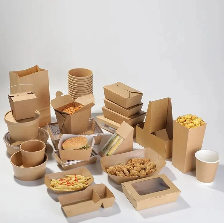 Envases de comida rápida para llevar, caja de ensalada, restaurante, papel kraft reciclado desechable, cajas de almuerzo marrones con tapa