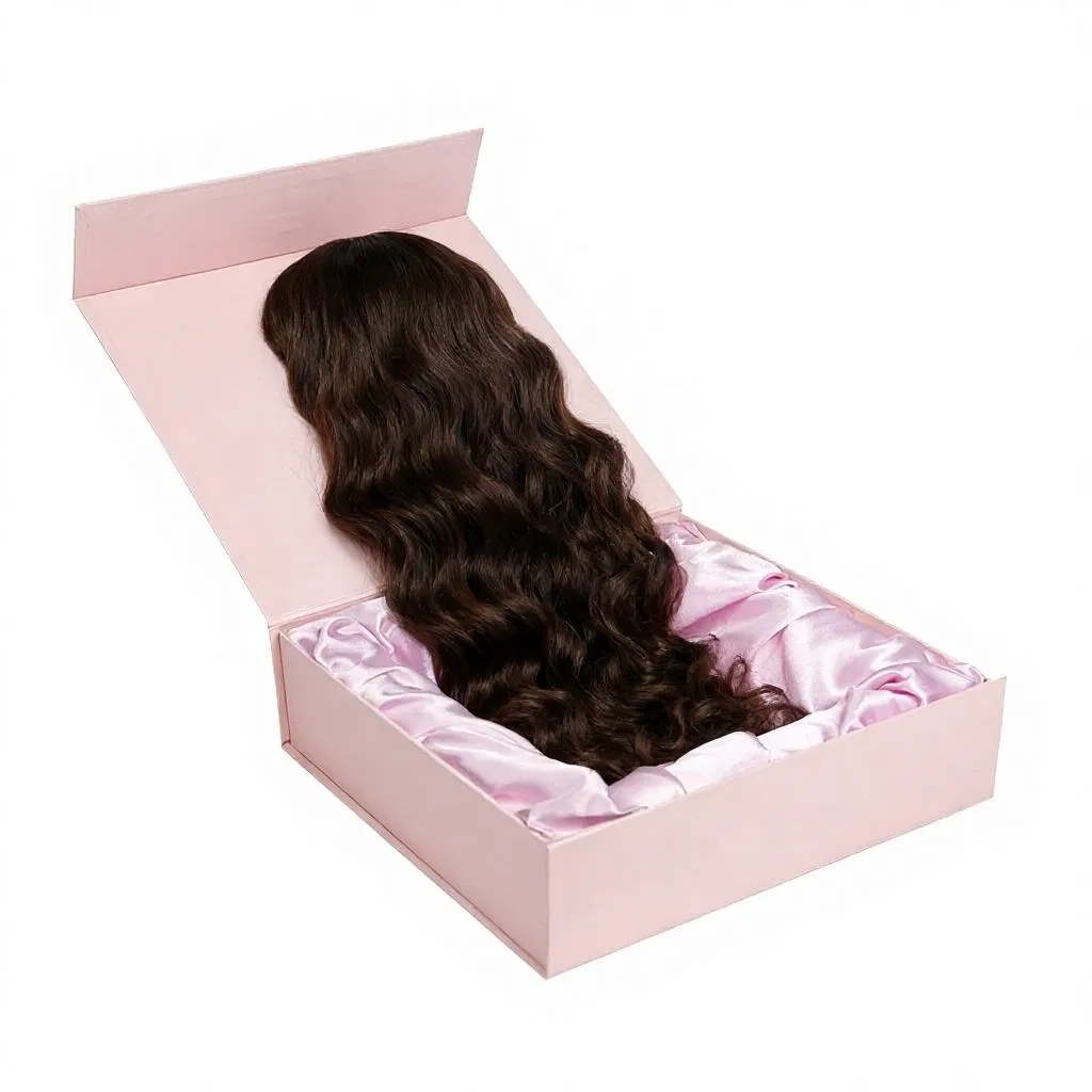 Caja de regalo de cartón para extensiones de cabello humano personalizadas de lujo con cinta y inserto de satén