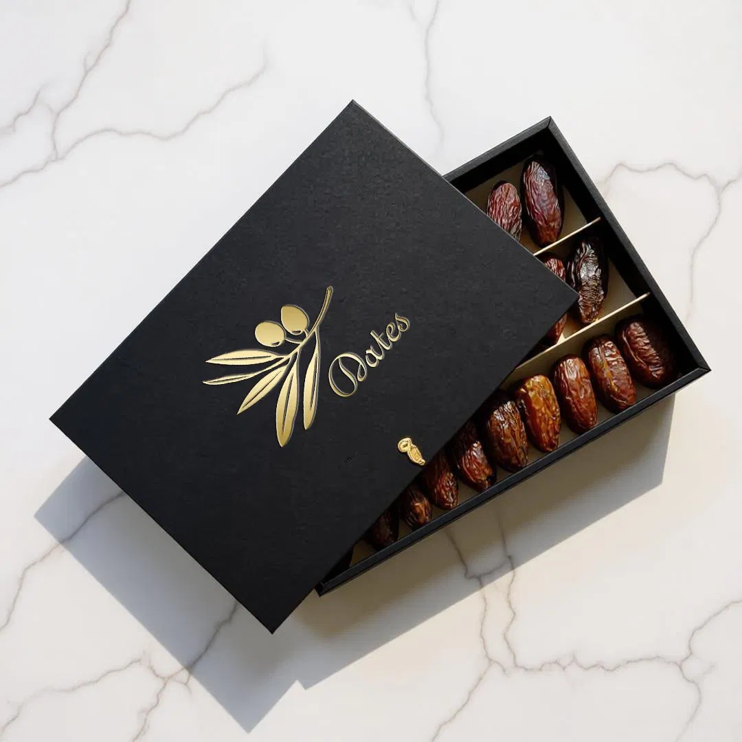 Caja de regalo de chocolate de lujo personalizada con tapa rígida y base, de grado alimenticio, con divisores para fechas de empaque
