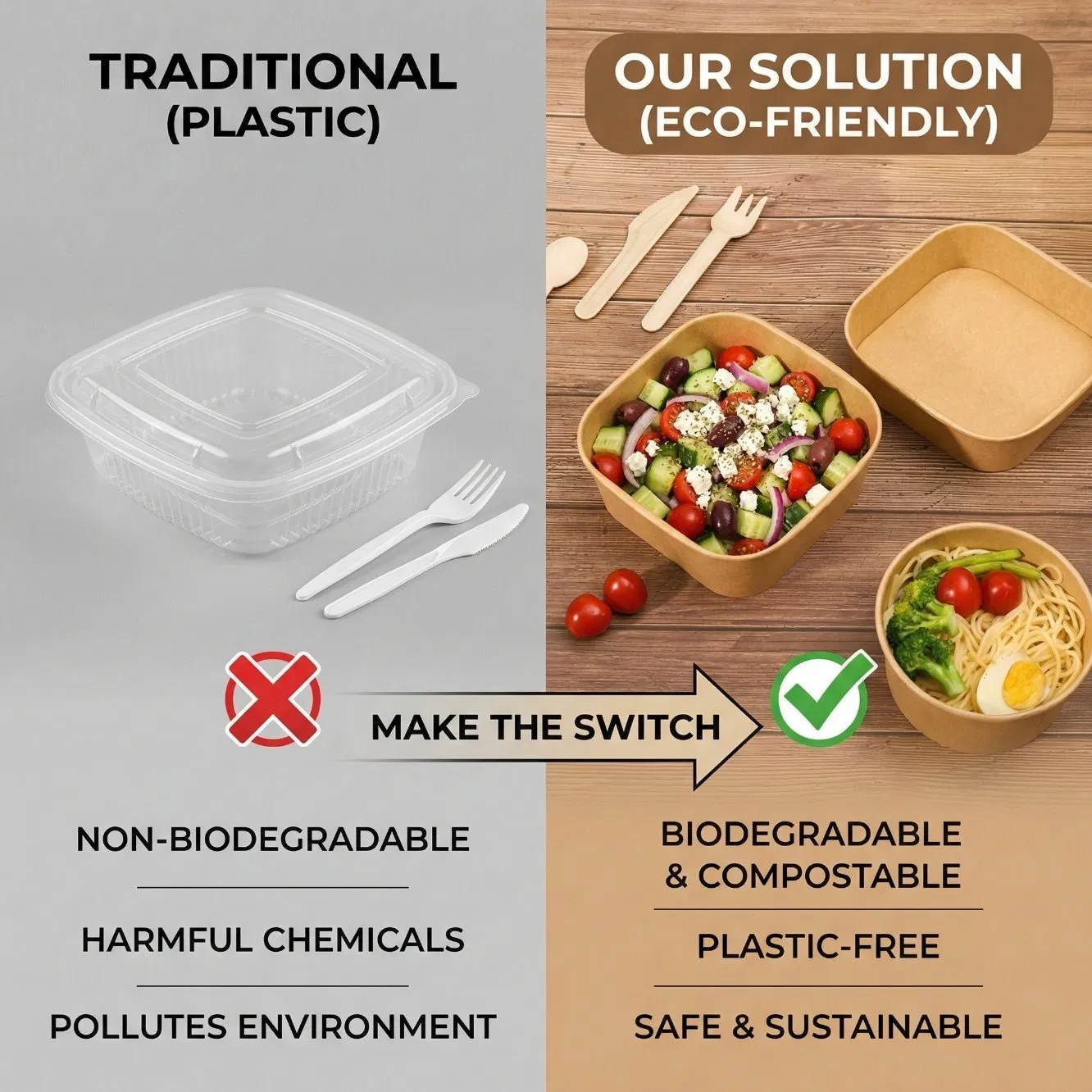 Caja de almuerzo de papel kraft desechable, contenedor de comida para llevar, a prueba de fugas, resistente a la grasa, embalaje ecológico, personalización de logotipo al por mayor