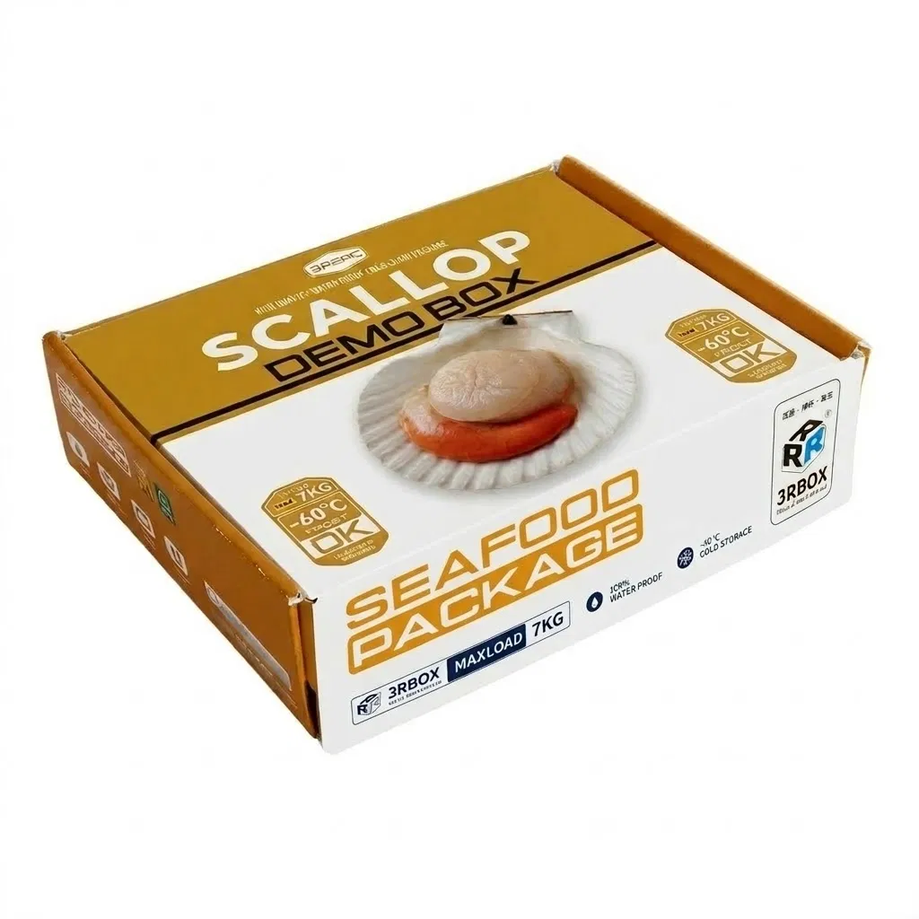 Caja de cartón de papel piedra resistente con borde en forma de concha para empaquetado de mariscos congelados para exportación