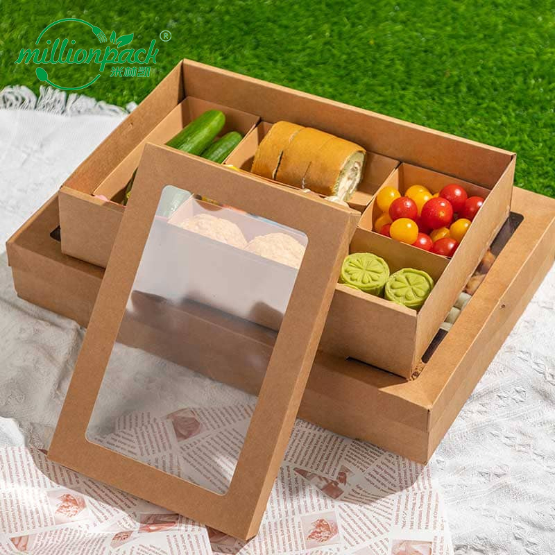 Caja de almuerzo de papel kraft desechable, contenedor de comida para llevar, a prueba de fugas, resistente a la grasa, embalaje ecológico, personalización de logotipo al por mayor