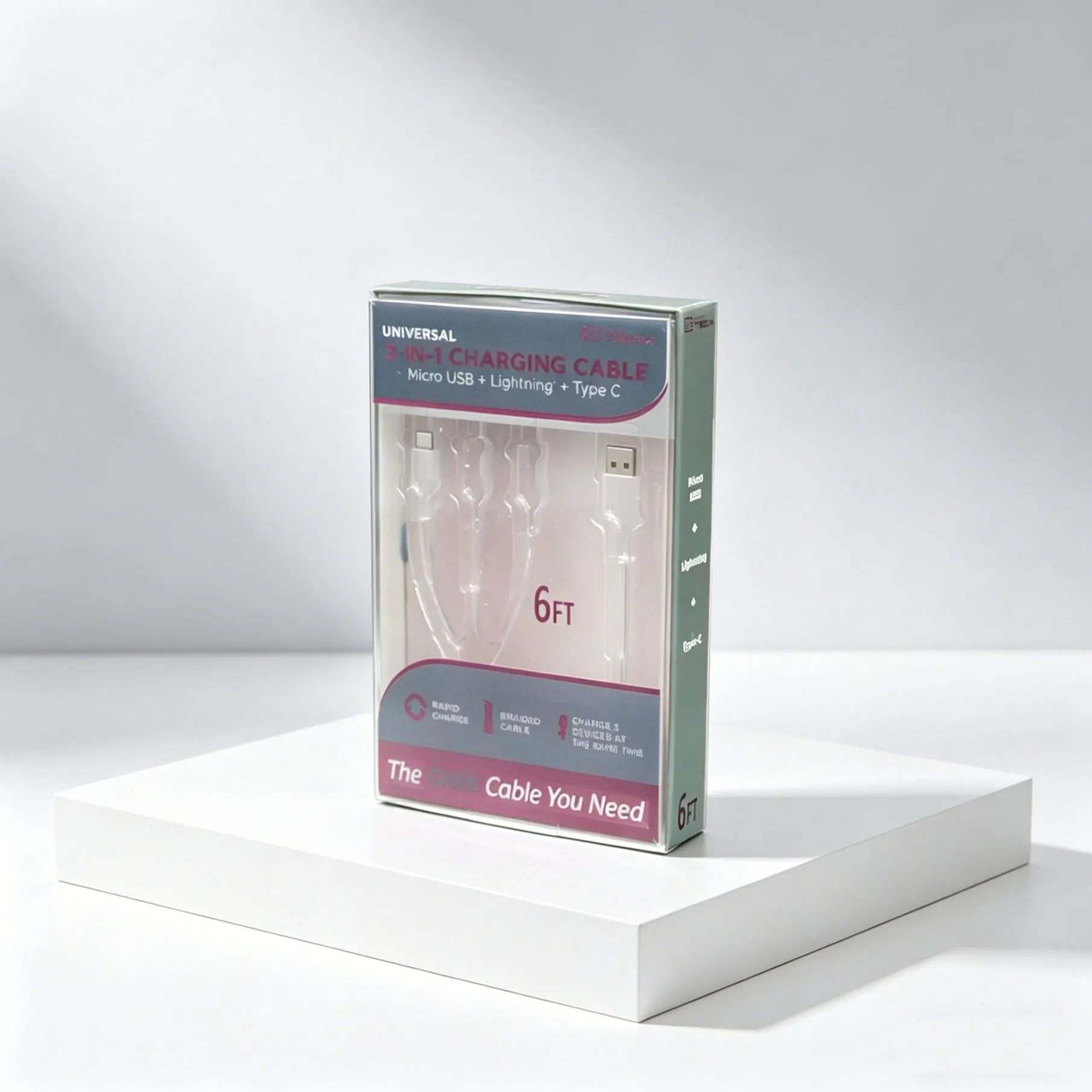 Envase de frascos de perfume con ventana clara en degradado pastel, caja de maquillaje plegable para regalo, embalaje minorista impreso con logotipo personalizado para cables de carga
