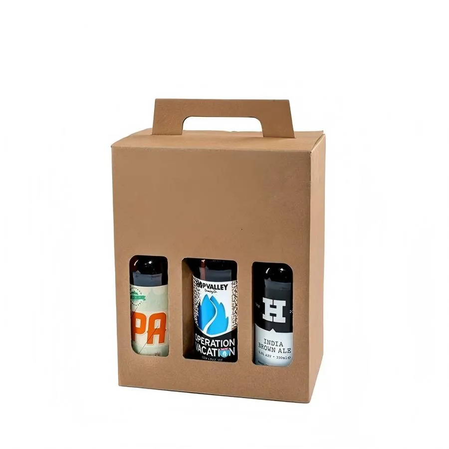 Impresión de logotipos personalizados en cajas de regalo de papel kraft para vino, cerveza y bebidas con ventana de PVC