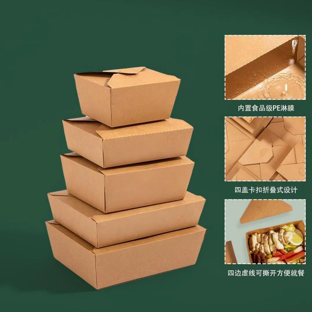 Diseño de logotipo personalizado, impresión de cajas de almuerzo de papel kraft de alta calidad y alta resistencia con tapa de recubrimiento de PE para comida rápida aceitosa, pasteles para llevar, embalaje para hoteles y restaurantes