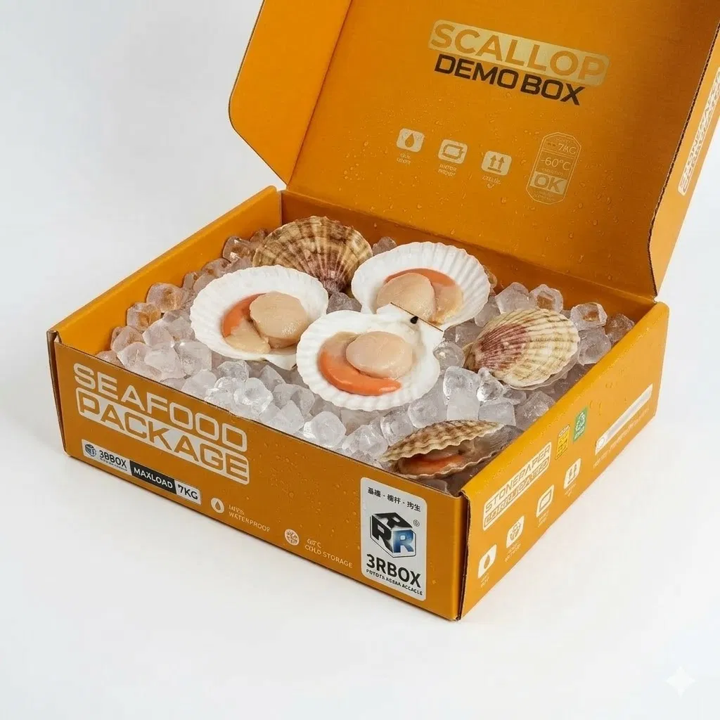 Caja de cartón de papel piedra resistente con borde en forma de concha para empaquetado de mariscos congelados para exportación
