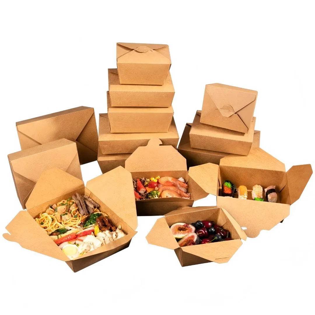 Diseño de logotipo personalizado, impresión de cajas de almuerzo de papel kraft de alta calidad y alta resistencia con tapa de recubrimiento de PE para comida rápida aceitosa, pasteles para llevar, embalaje para hoteles y restaurantes