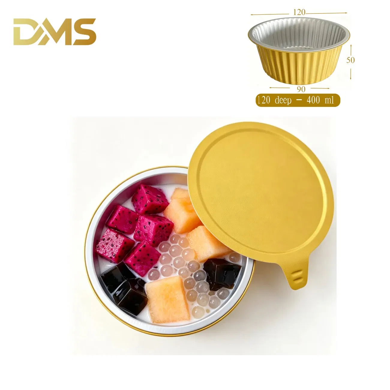 Caja de comida desechable de aluminio dorado redonda mini para suministros de fiesta, embalaje