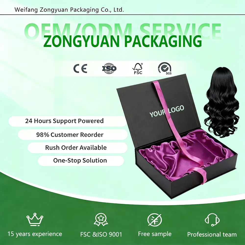 Caja de regalo de cartón para extensiones de cabello humano personalizadas de lujo con cinta y inserto de satén