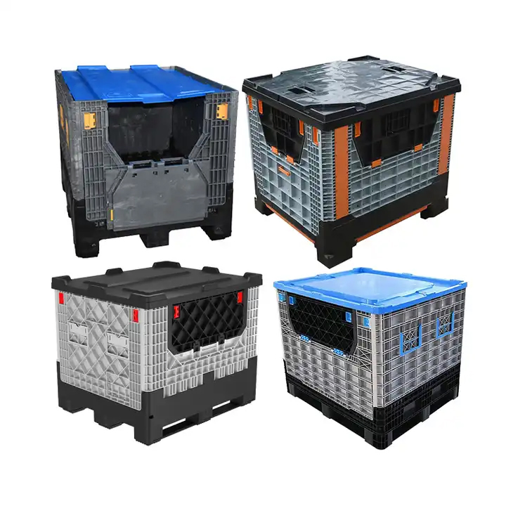 Contenedores industriales apilables de gran capacidad para almacenamiento, cajas de palets de plástico plegables y colapsables de HDPE con tapas