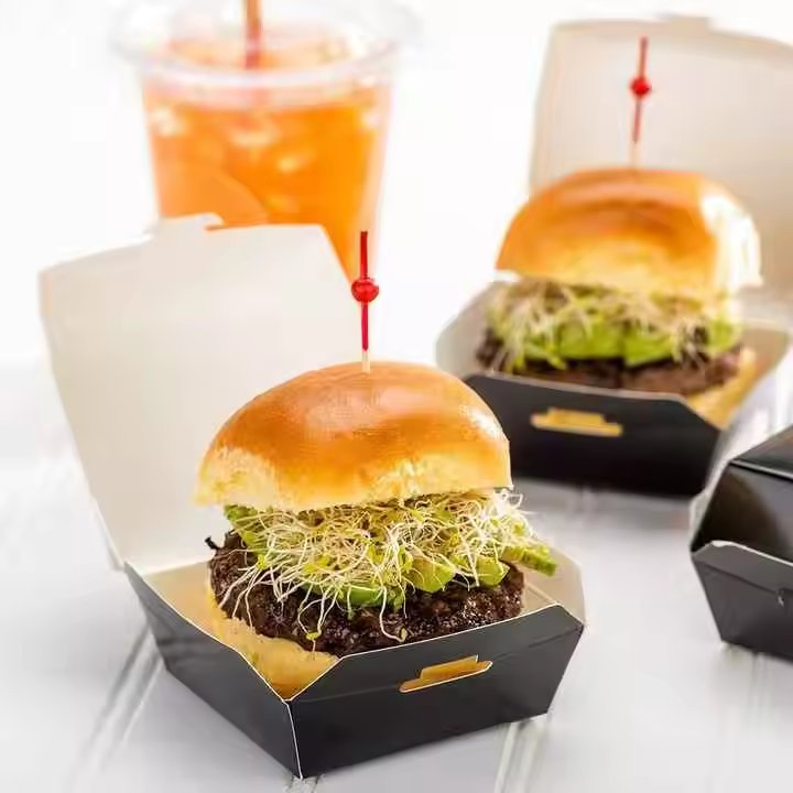 Impresión personalizada al por mayor caja de cartón biodegradable para hamburguesas envase para comida para llevar