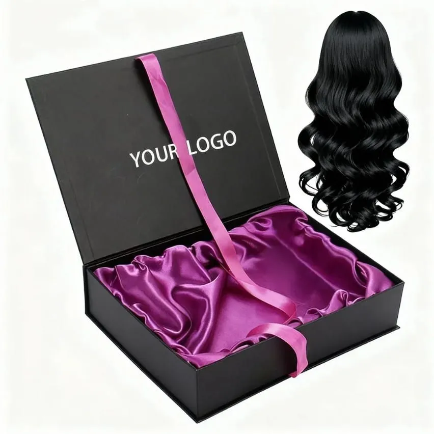 Caja de regalo de cartón para extensiones de cabello humano personalizadas de lujo con cinta y inserto de satén