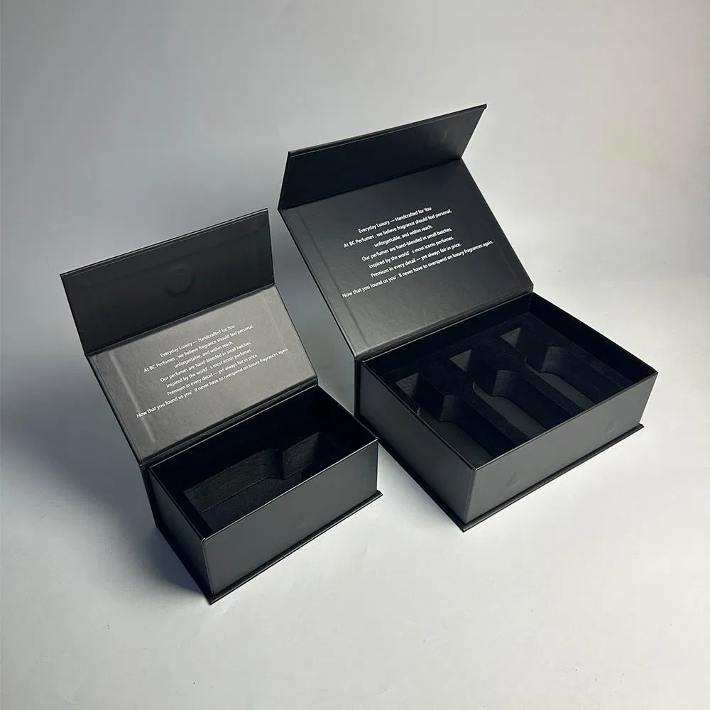 Caja de regalo de cartón plegable magnética personalizada de lujo con cinta de papel negra, caja de material reciclado para perfume