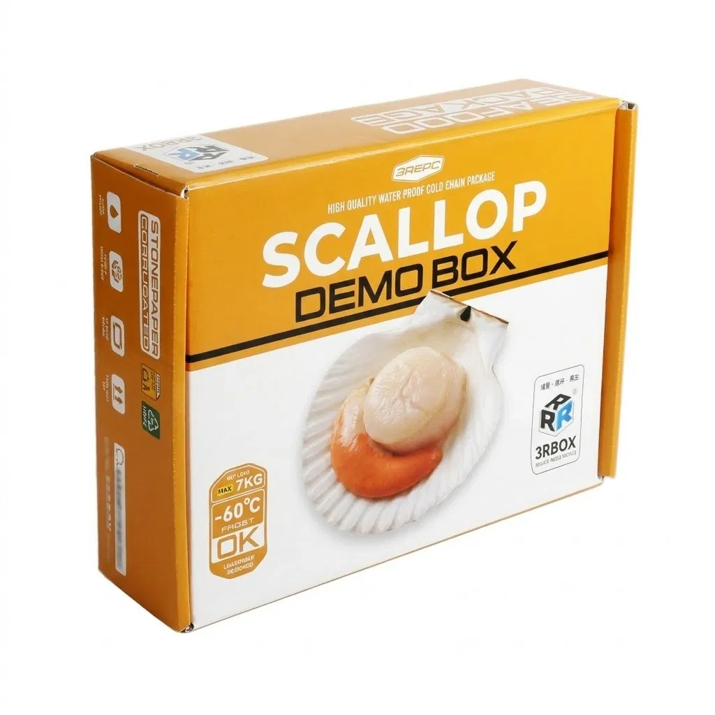 Caja de cartón de papel piedra resistente con borde en forma de concha para empaquetado de mariscos congelados para exportación