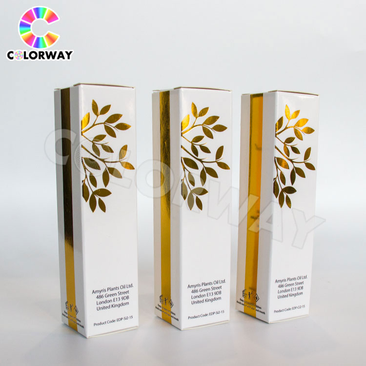 Caja de cartón corrugado para perfumes y cosméticos con estampado en caliente de holograma dorado y plateado, offset UV personalizado, con inserto de papel y ventana de PVC