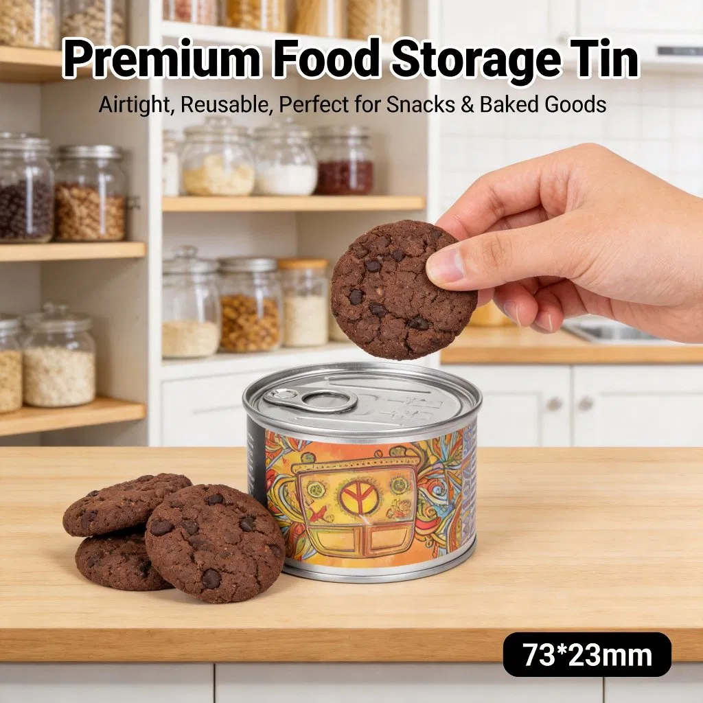 Caja de fácil apertura de hojalata 73 *23mm Lata de metal de grado alimenticio para empaquetar pasteles, postres y carne con impresión en color especial CMYK