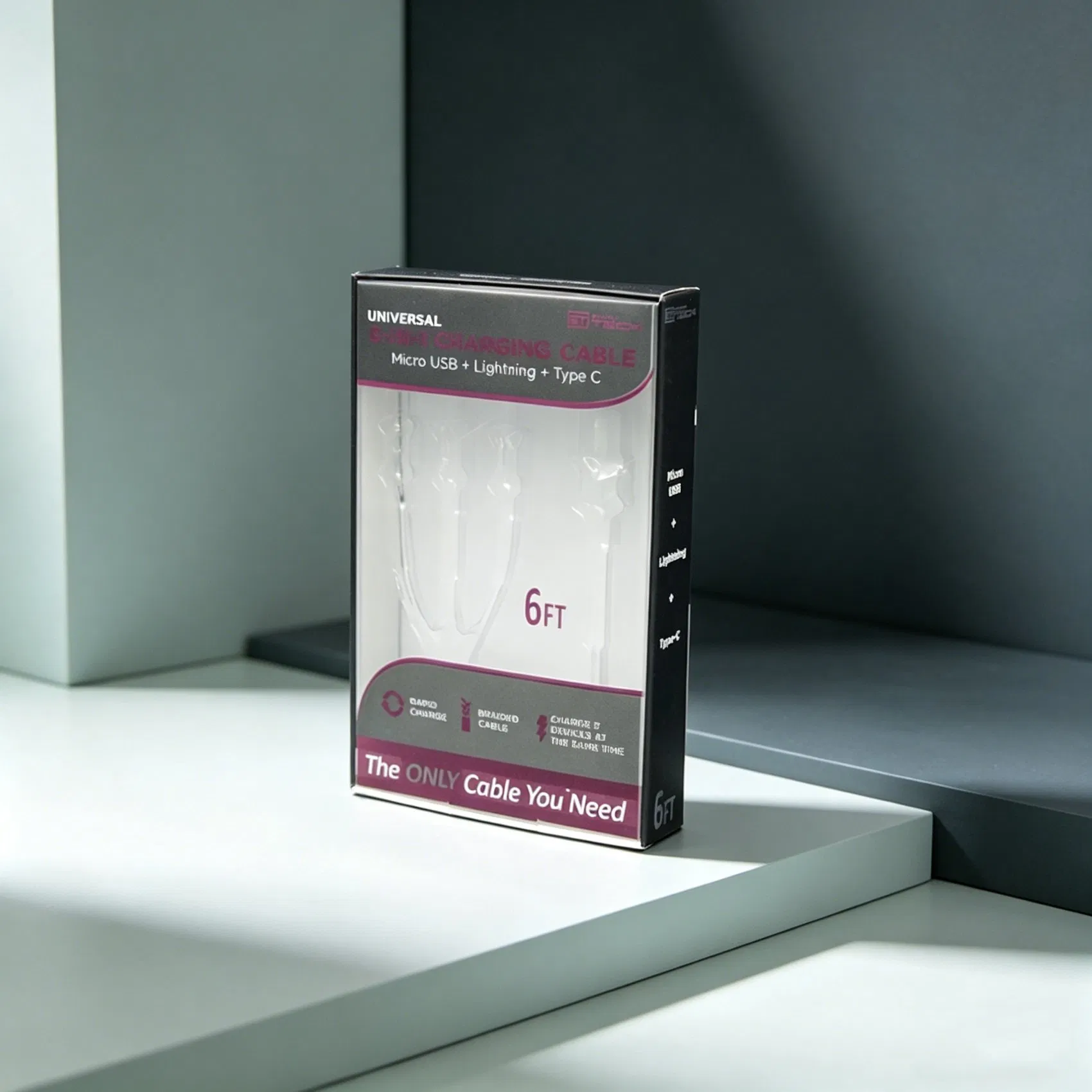 Envase de frascos de perfume con ventana clara en degradado pastel, caja de maquillaje plegable para regalo, embalaje minorista impreso con logotipo personalizado para cables de carga