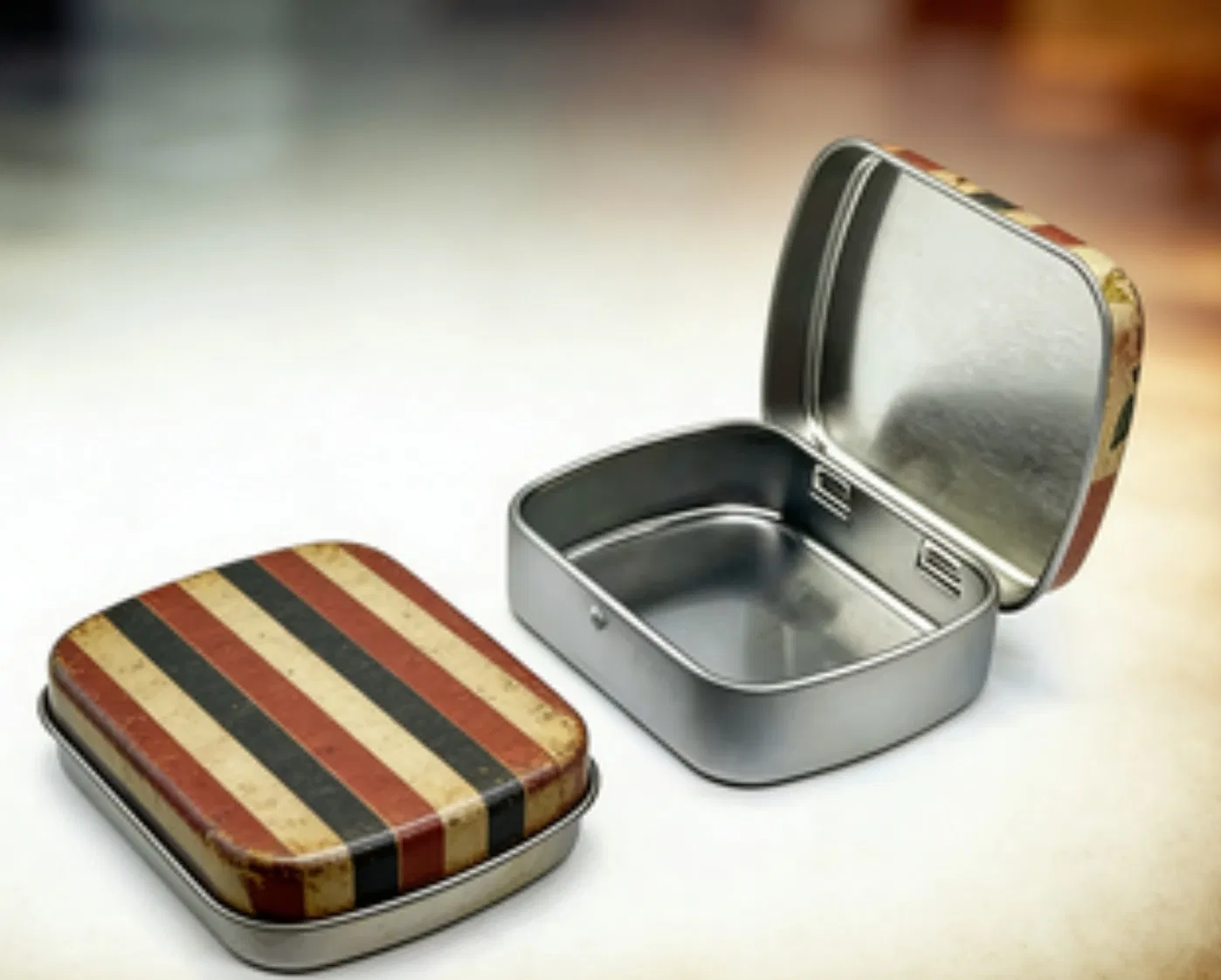 Caja de metal mini pequeña con tapa abatible de grado alimenticio, fabricada directamente en fábrica, para caramelos de menta. Envase personalizado impreso de lata metálica con bisagra para confitería