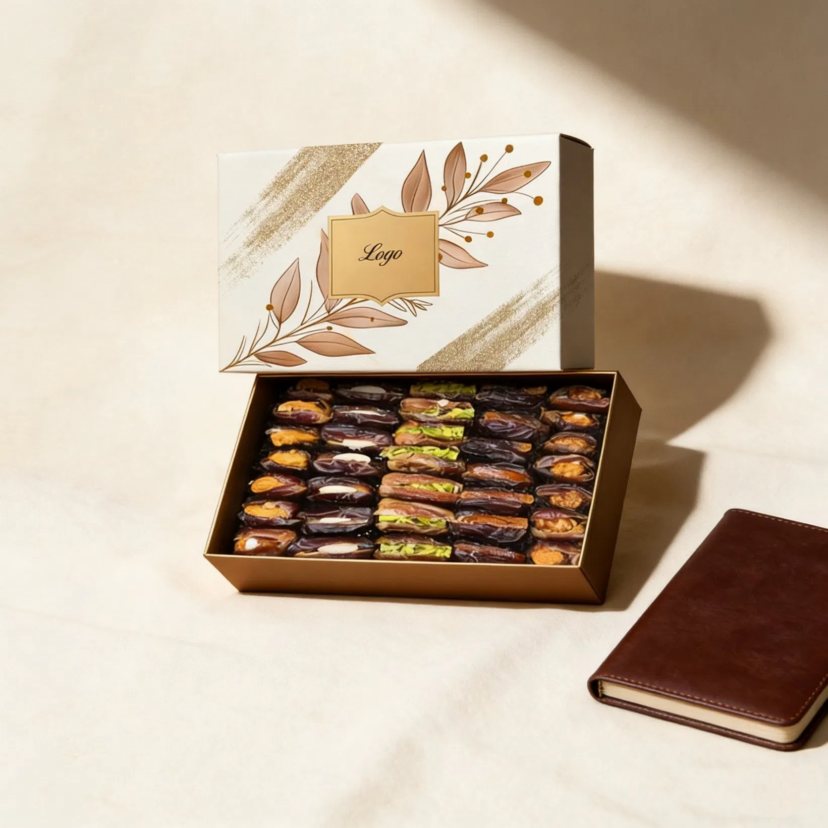 Caja de regalo de chocolate de lujo personalizada con tapa rígida y base, de grado alimenticio, con divisores para fechas de empaque