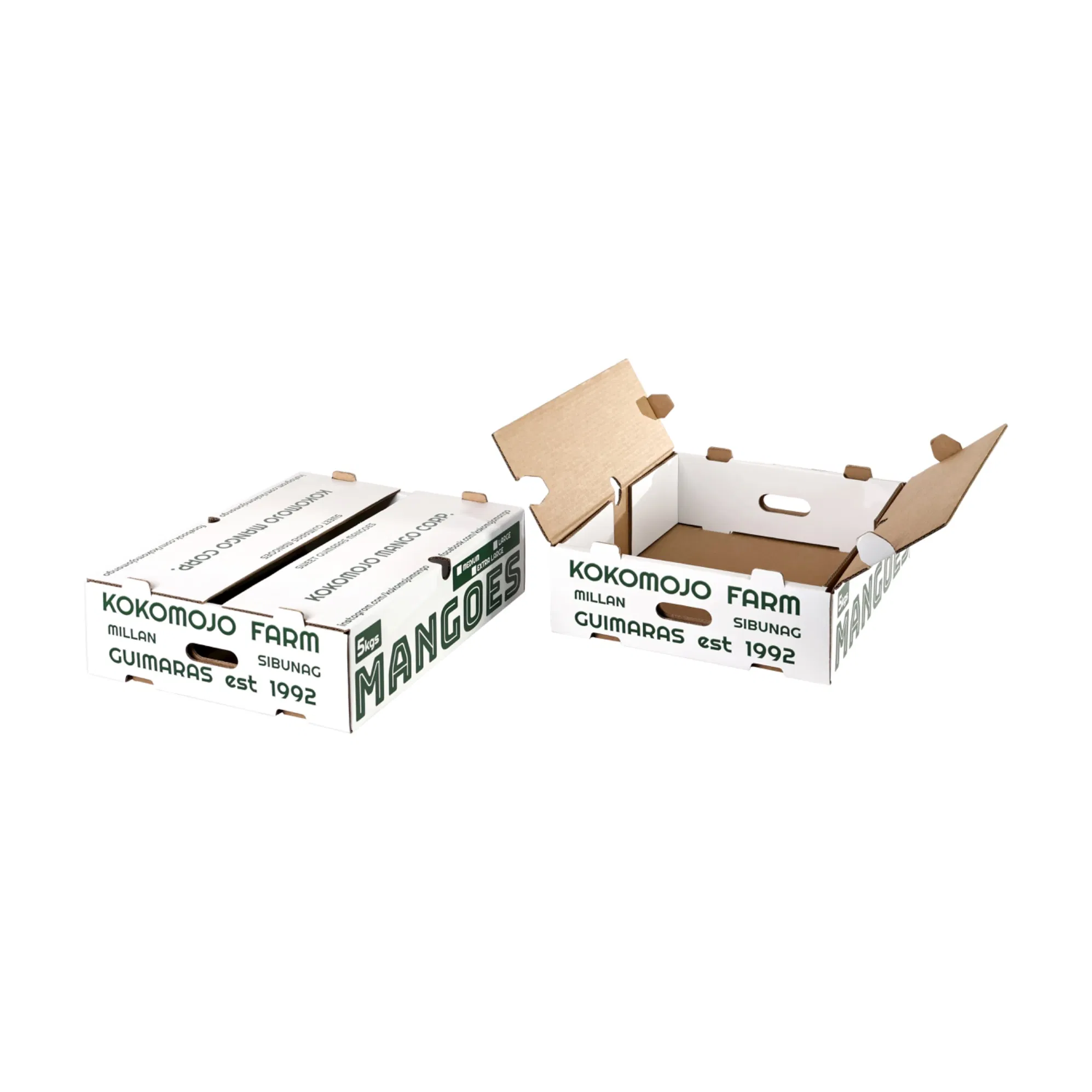 Caja de cartón corrugado impresa a medida para el embalaje y envío de frutas y verduras como aguacate, piña, tomate, naranja, manzana, limón, mango y plátano
